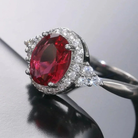 NEW 925 Sterling Silver Oval Ruby Round Diamond Halo Ring - Picture 6 of 8